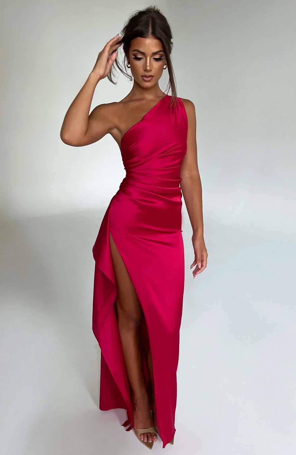 Ruched One Shoulder Satin Maxi Dress - Formal Evening Gown