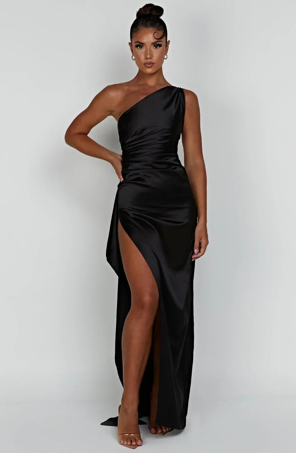 Ruched One Shoulder Satin Maxi Dress - Formal Evening Gown
