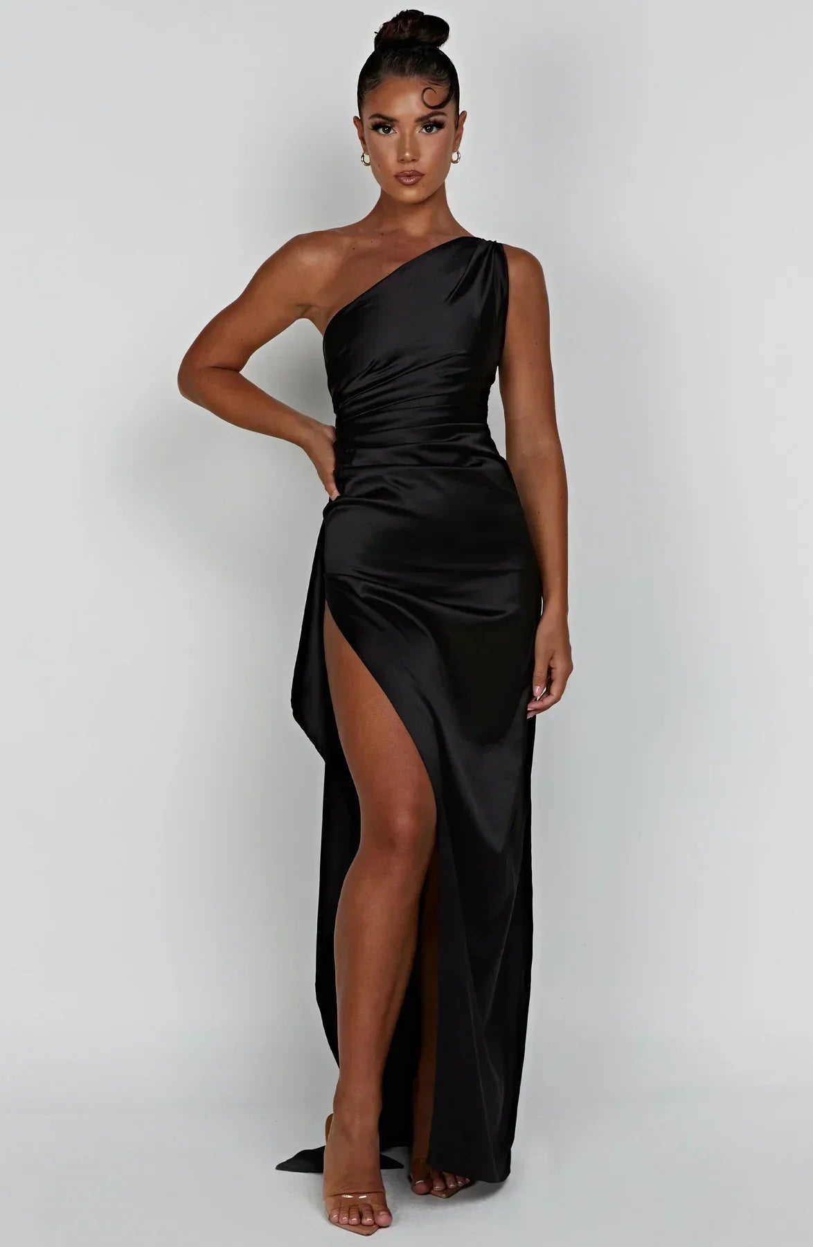 Ruched One Shoulder Satin Maxi Dress - Formal Evening Gown