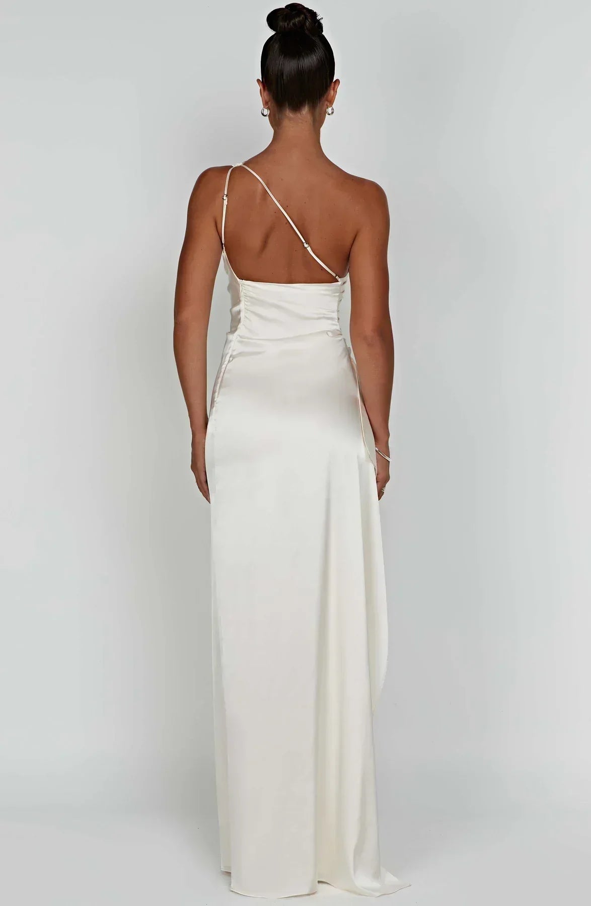 Ruched One Shoulder Satin Maxi Dress - Formal Evening Gown