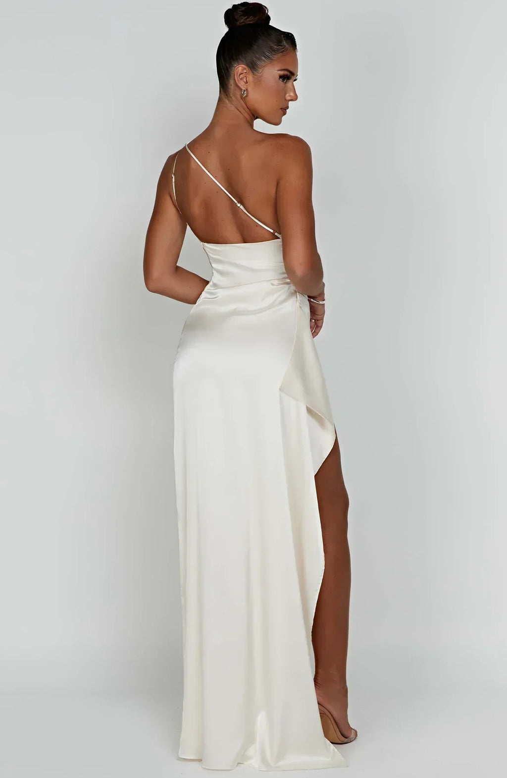 Ruched One Shoulder Satin Maxi Dress - Formal Evening Gown