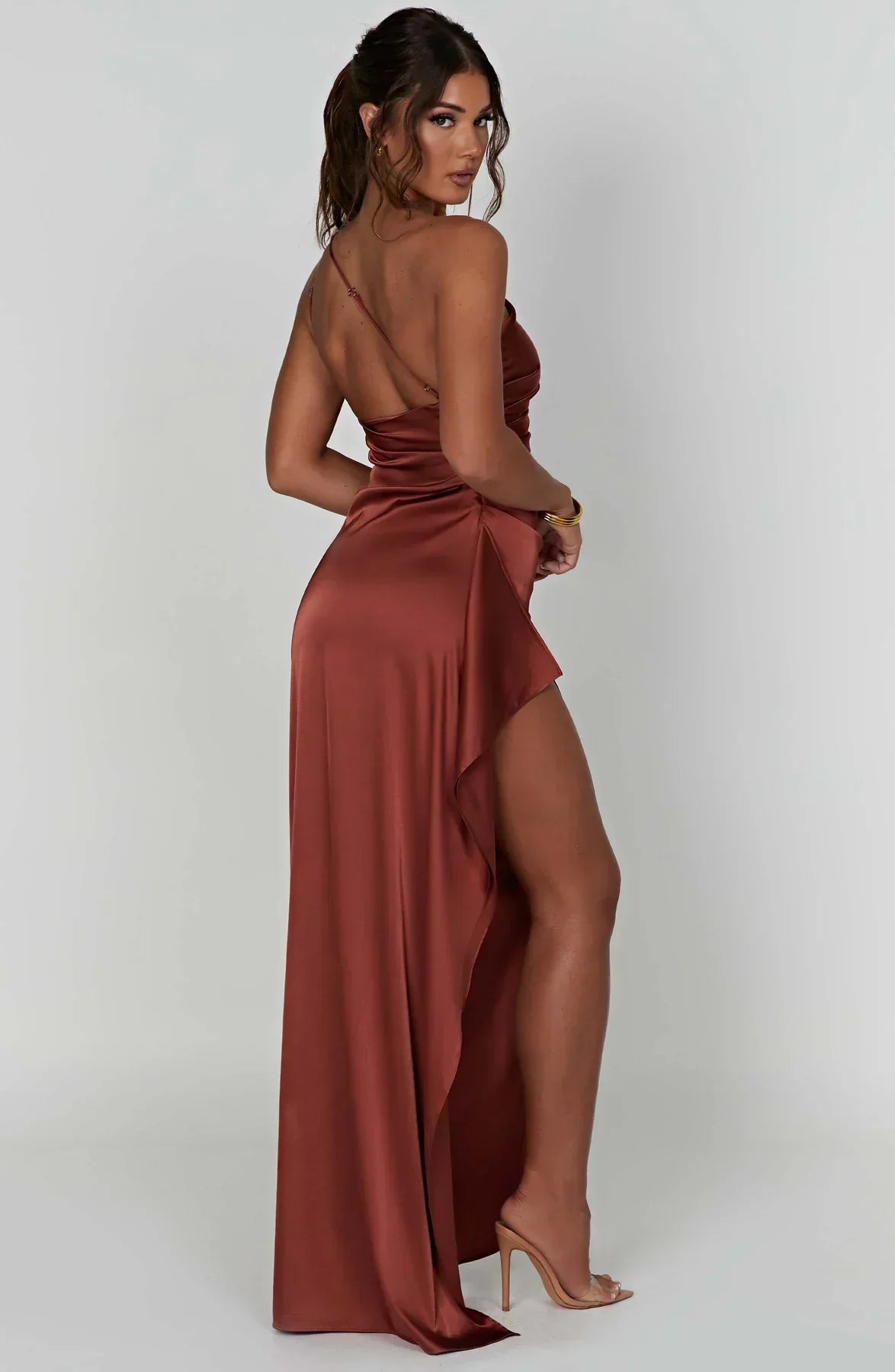 Ruched One Shoulder Satin Maxi Dress - Formal Evening Gown
