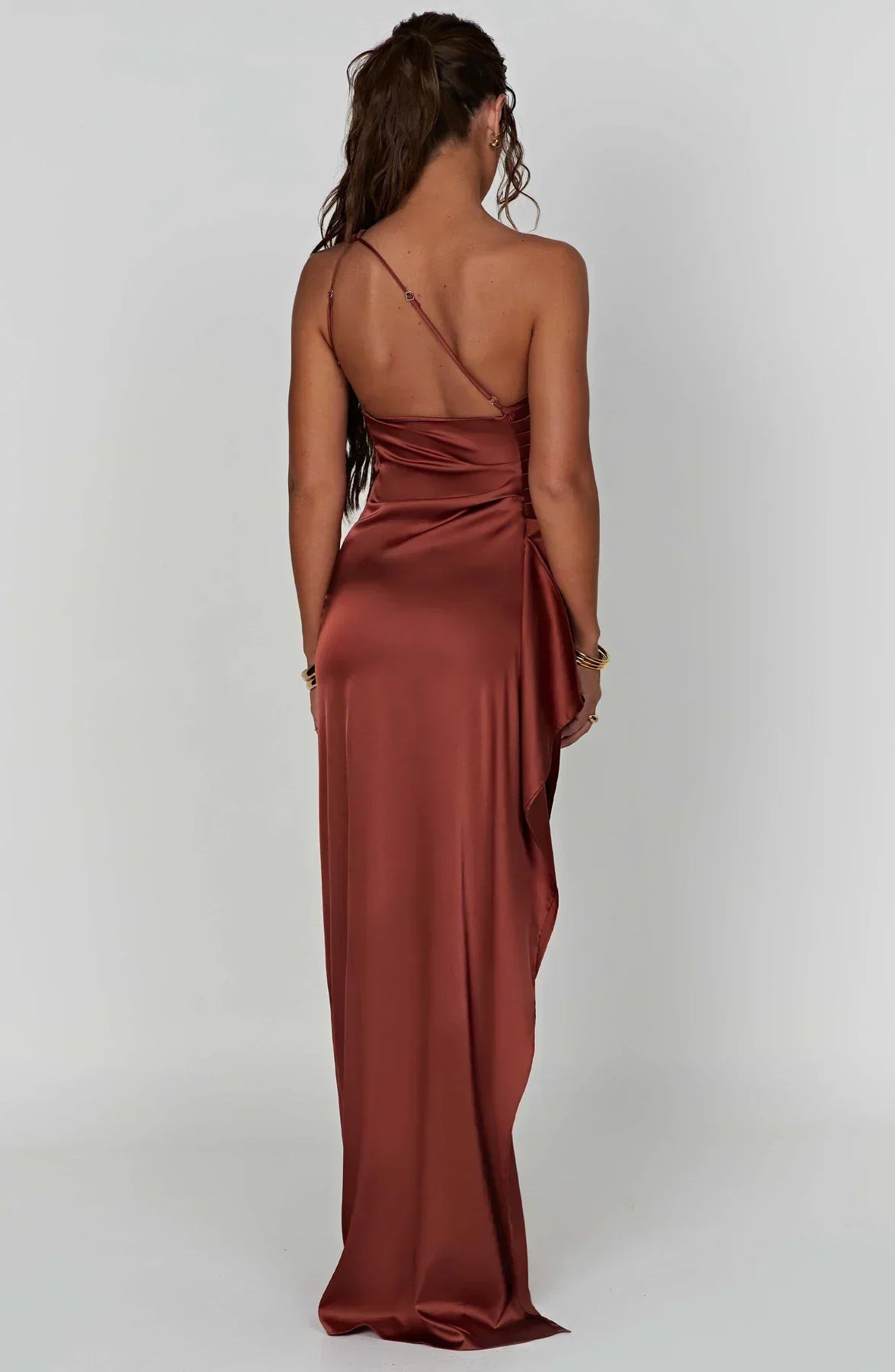 Ruched One Shoulder Satin Maxi Dress - Formal Evening Gown