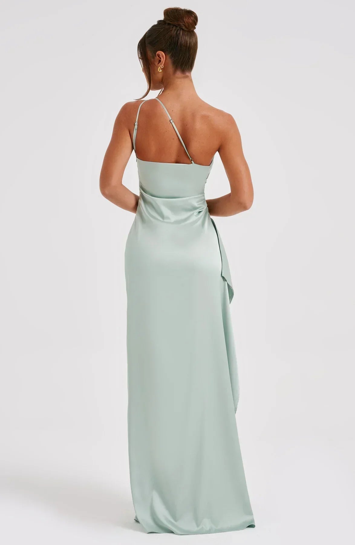 Ruched One Shoulder Satin Maxi Dress - Formal Evening Gown