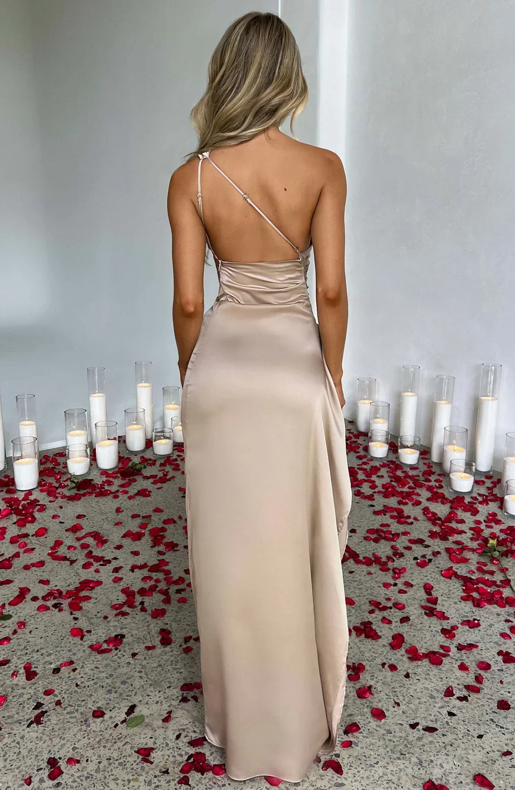 Ruched One Shoulder Satin Maxi Dress - Formal Evening Gown