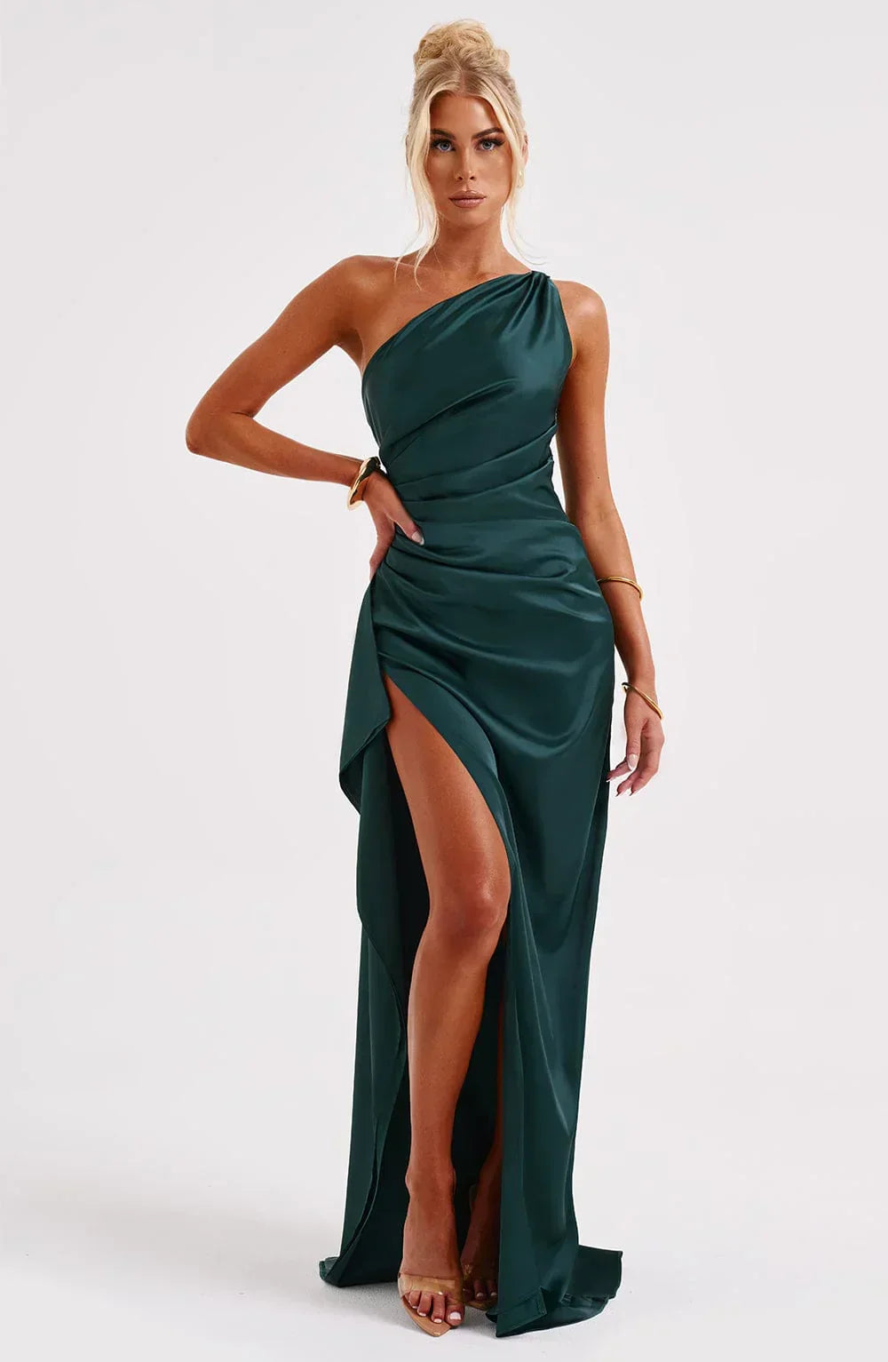 Ruched One Shoulder Satin Maxi Dress - Formal Evening Gown