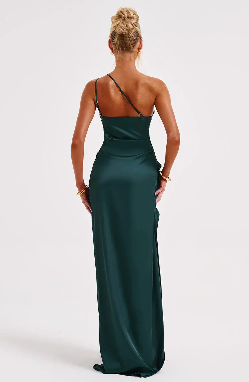 Ruched One Shoulder Satin Maxi Dress - Formal Evening Gown