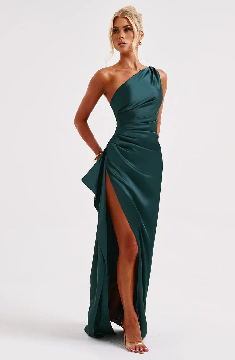 Ruched One Shoulder Satin Maxi Dress - Formal Evening Gown