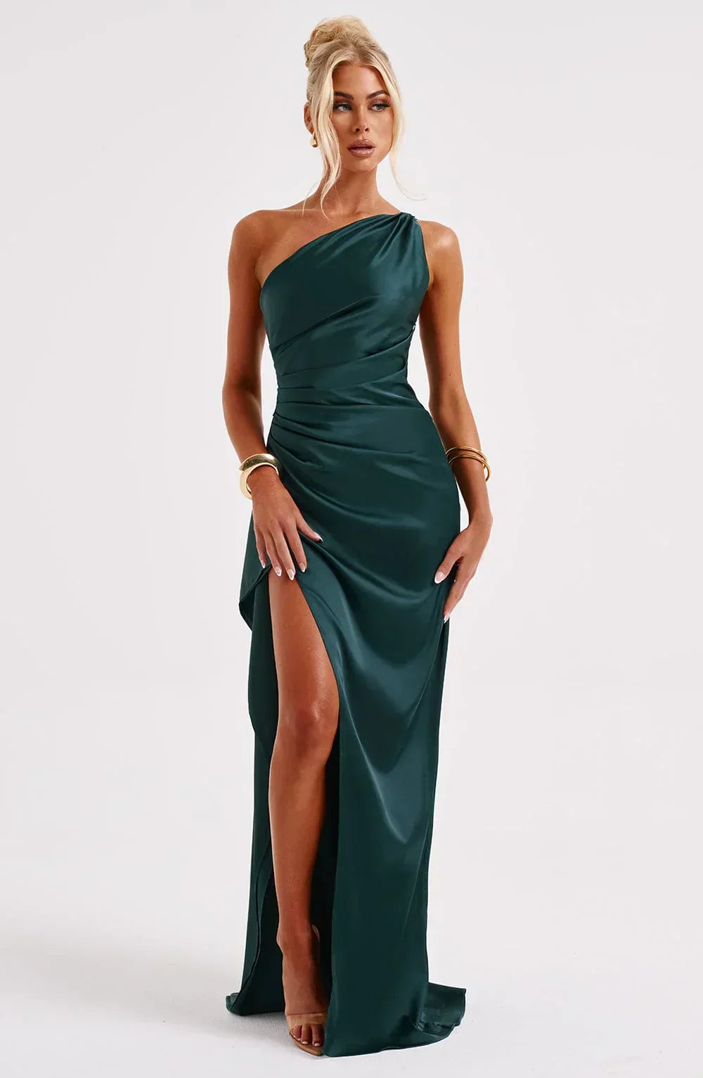 Ruched One Shoulder Satin Maxi Dress - Formal Evening Gown
