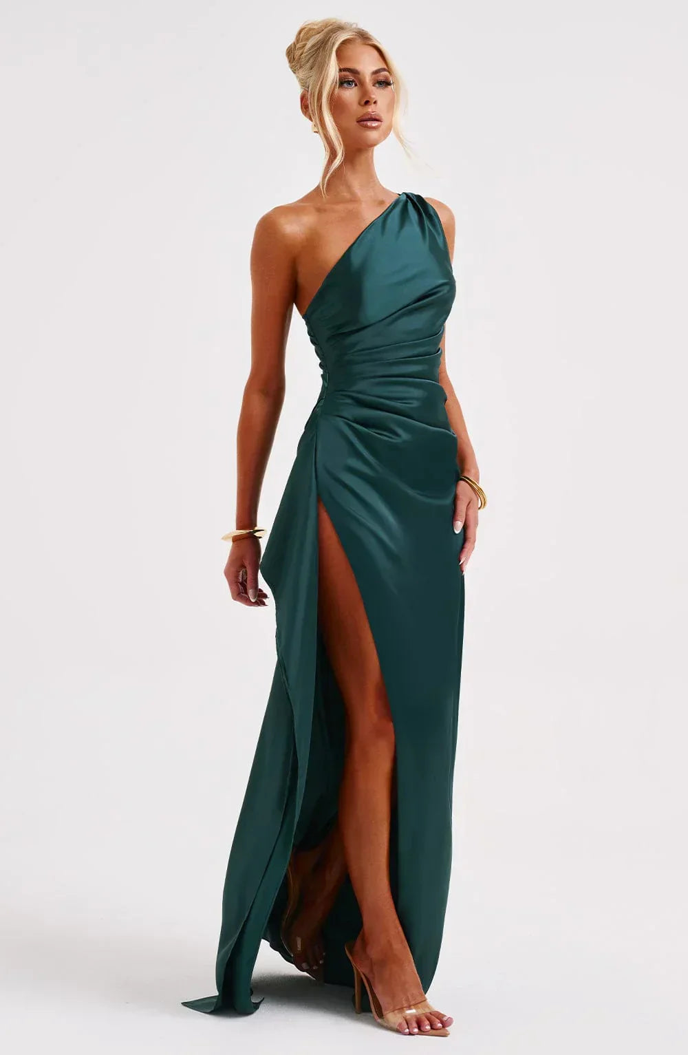 Ruched One Shoulder Satin Maxi Dress - Formal Evening Gown