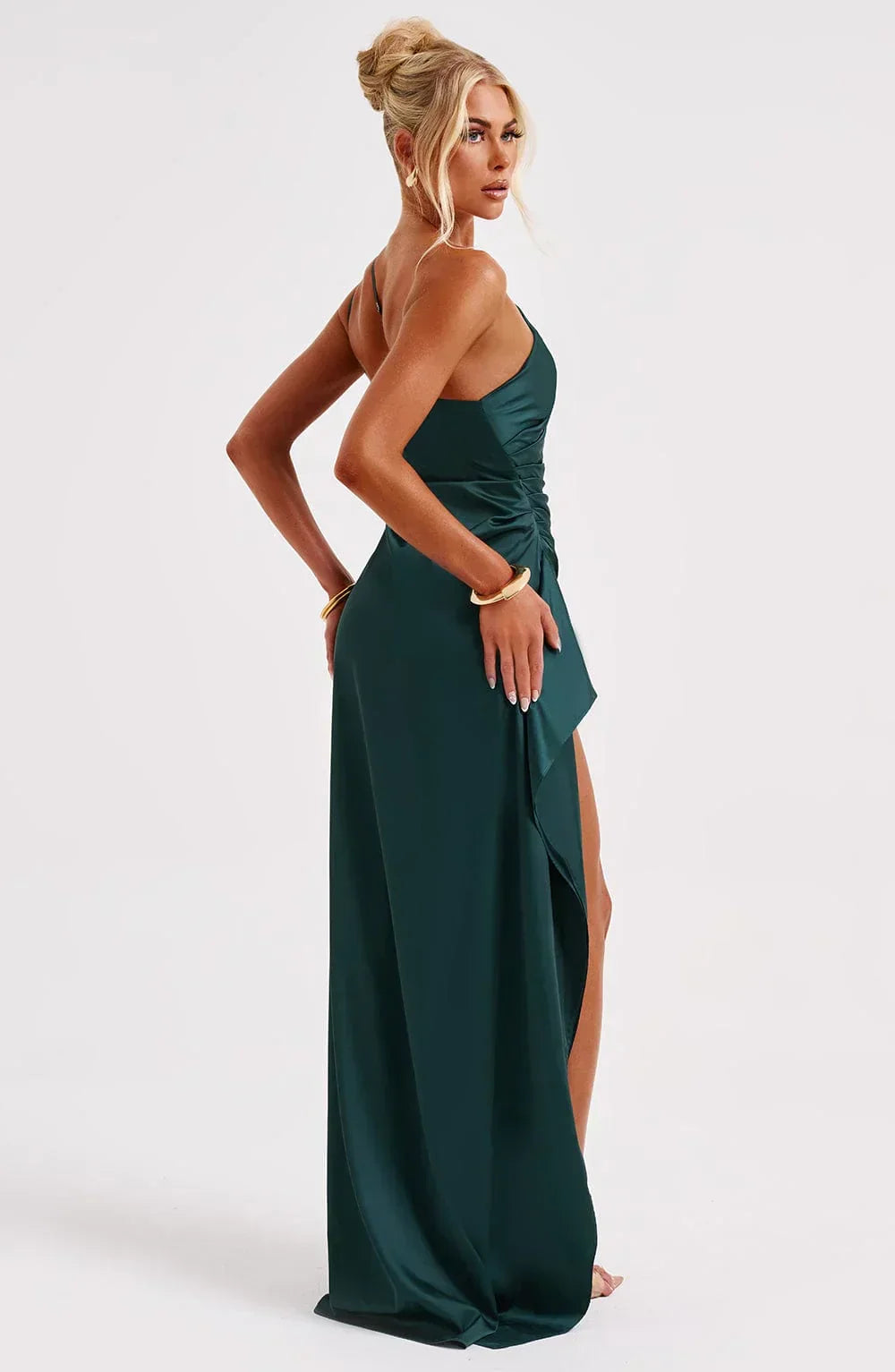 Ruched One Shoulder Satin Maxi Dress - Formal Evening Gown