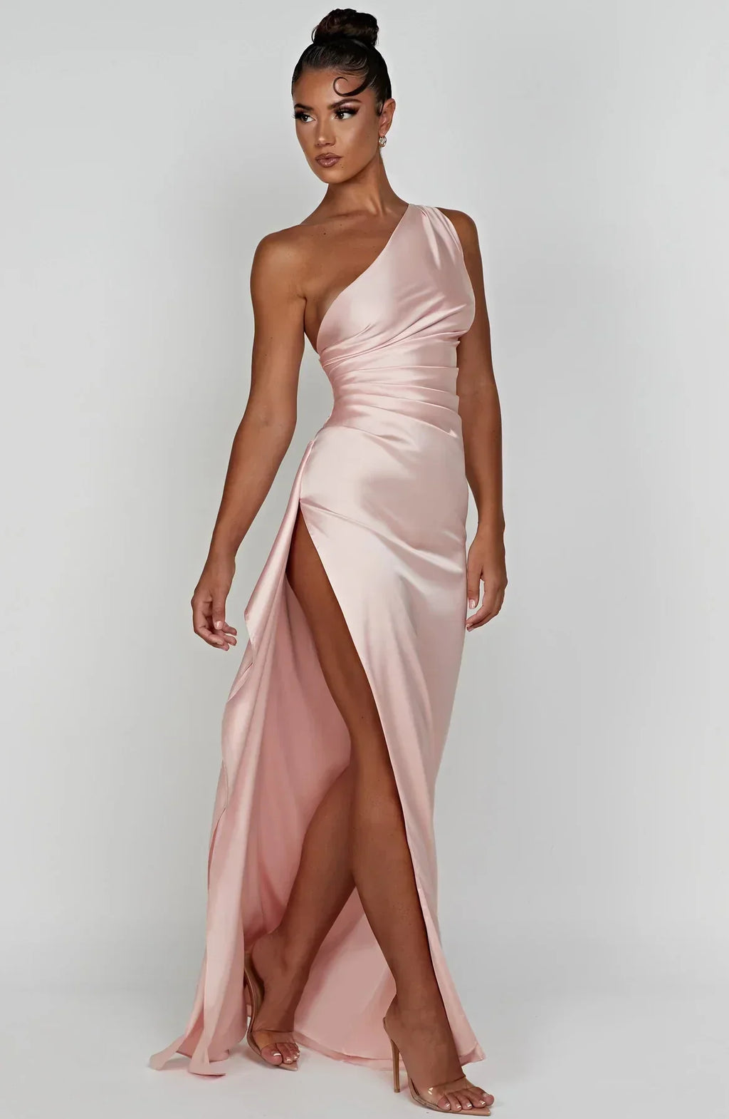 Ruched One Shoulder Satin Maxi Dress - Formal Evening Gown
