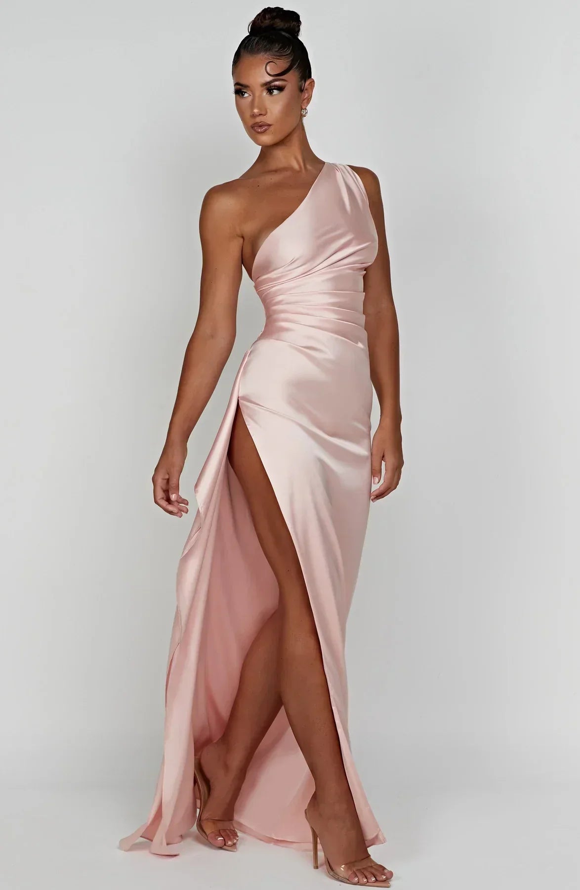 Ruched One Shoulder Satin Maxi Dress - Formal Evening Gown