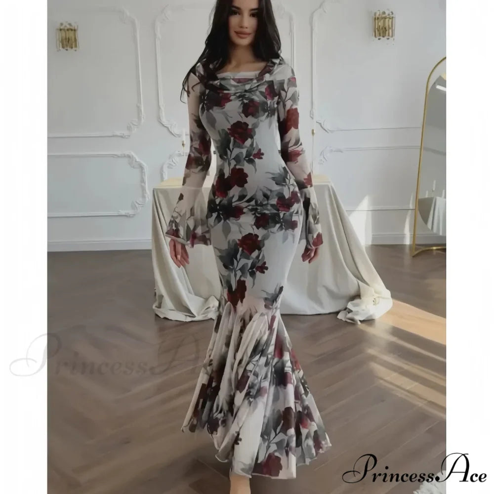 Passionate French Botanical Patterned Long Sleeve Botanical Dress