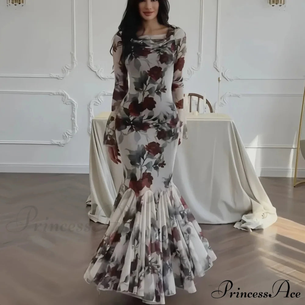 Passionate French Botanical Patterned Long Sleeve Botanical Dress