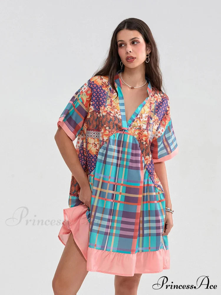 Patchwork Flowy V-neck Loose A-Line Mini Dress