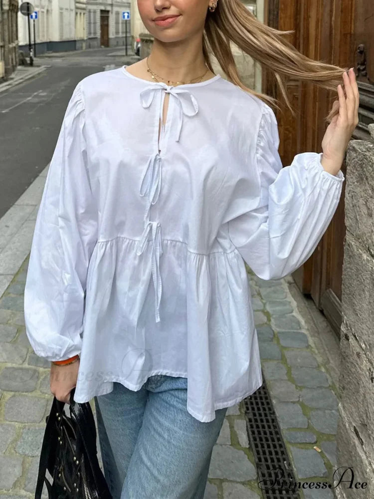 Patterned Baggy Lace-Up Circular Neck Blouse