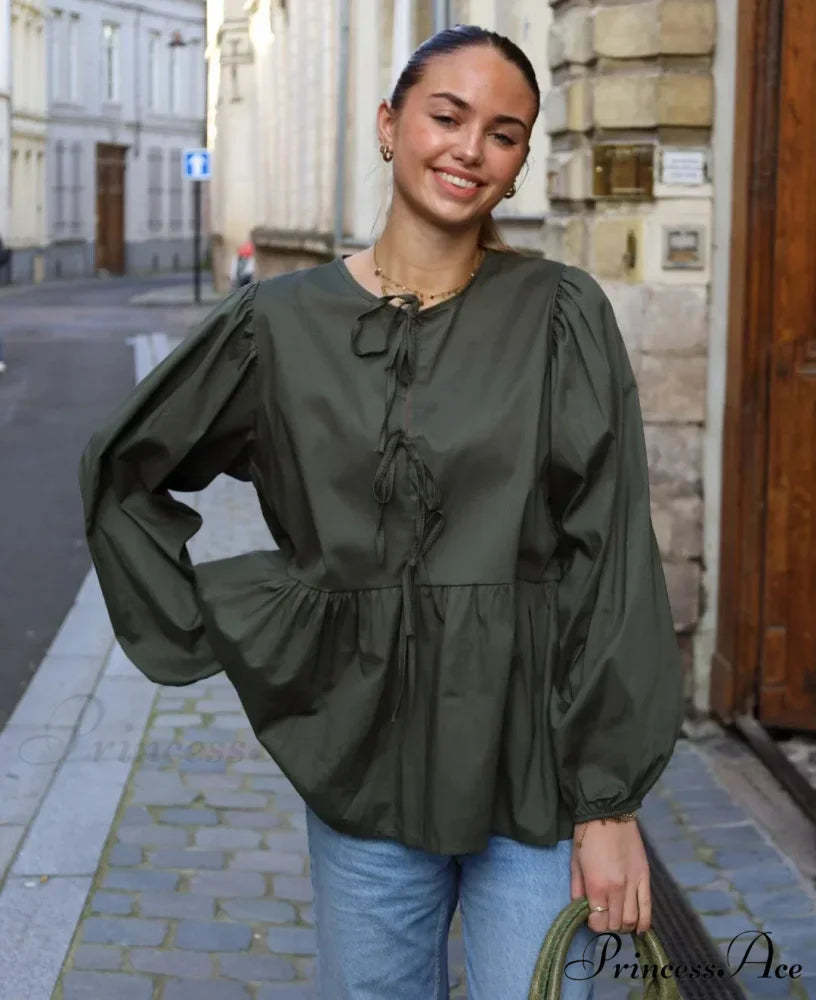 Patterned Baggy Lace-Up Circular Neck Blouse