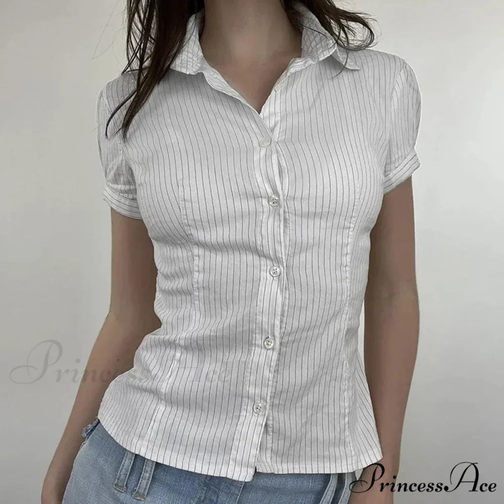 Patterned French Button-Up Fold-down Collar Blouse