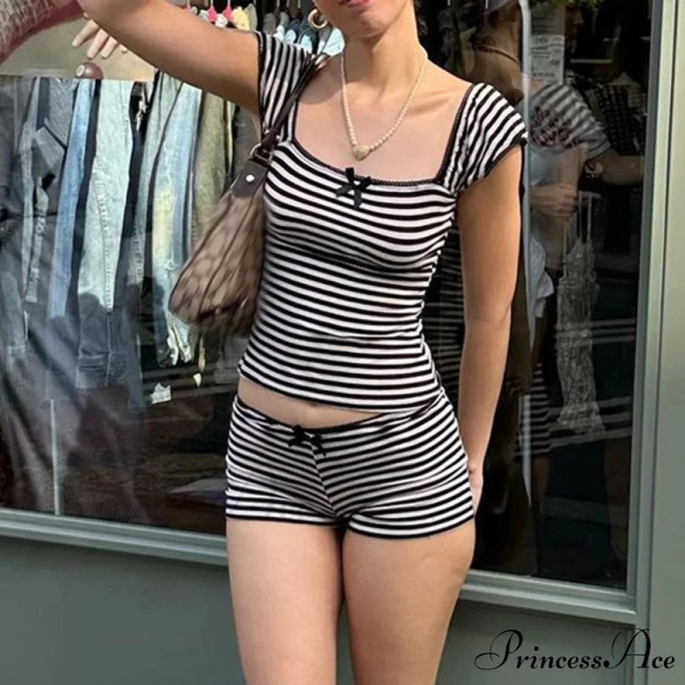 Patterned Ribbon Aesthetic Cropped Tank Short Waist Shorts Two Pieces Set