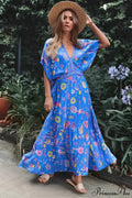 Peacock Floral Print V-neck Tassel Rayon Vacation Boho Dress