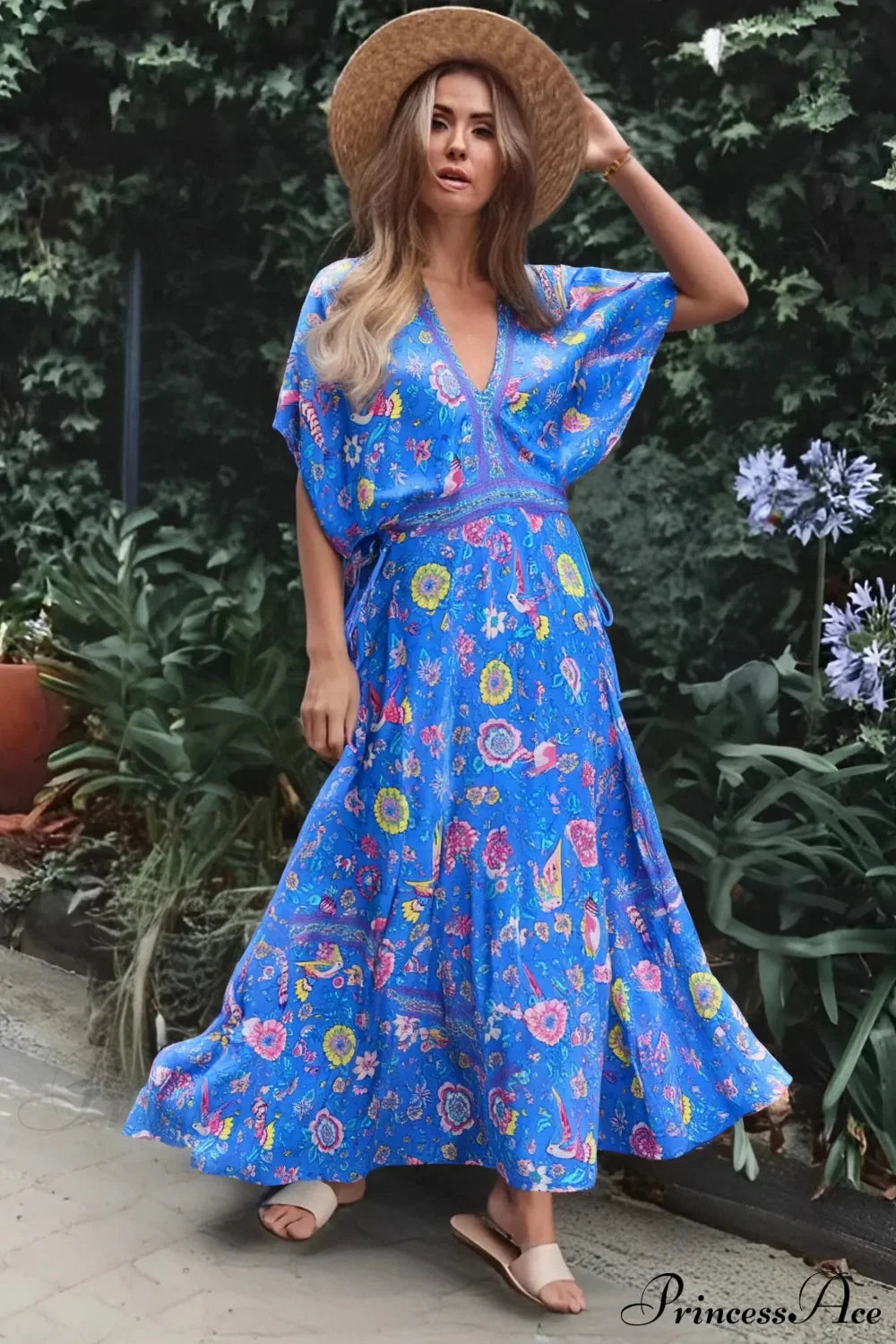 Peacock Floral Print V-neck Tassel Rayon Vacation Boho Dress