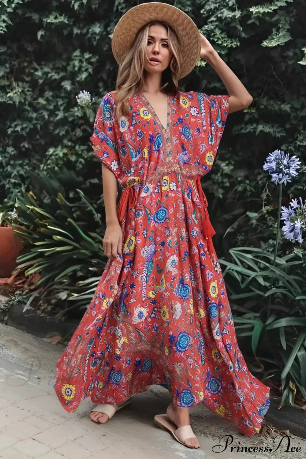 Peacock Floral Print V-neck Tassel Rayon Vacation Boho Dress