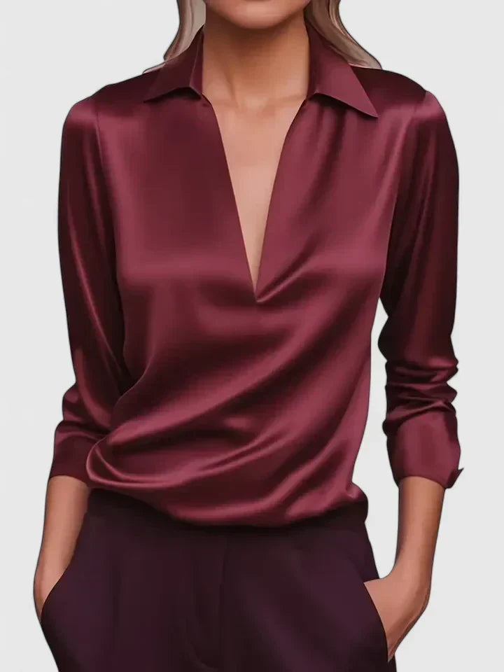 Deep V Collar Draped Satin Long Sleeve Relaxed Fit Blouse