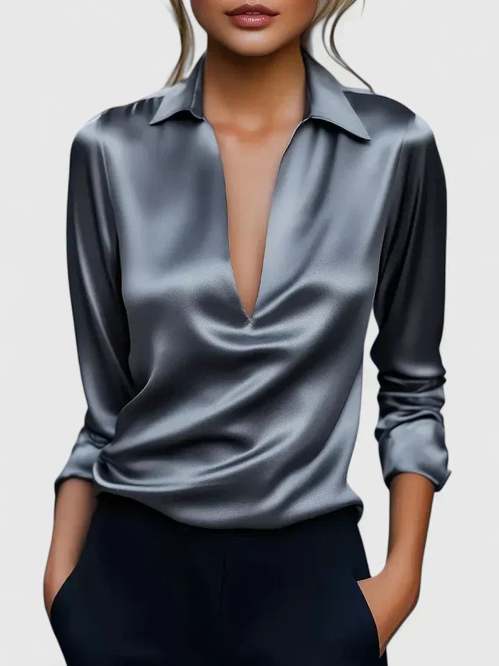 Deep V Collar Draped Satin Long Sleeve Relaxed Fit Blouse