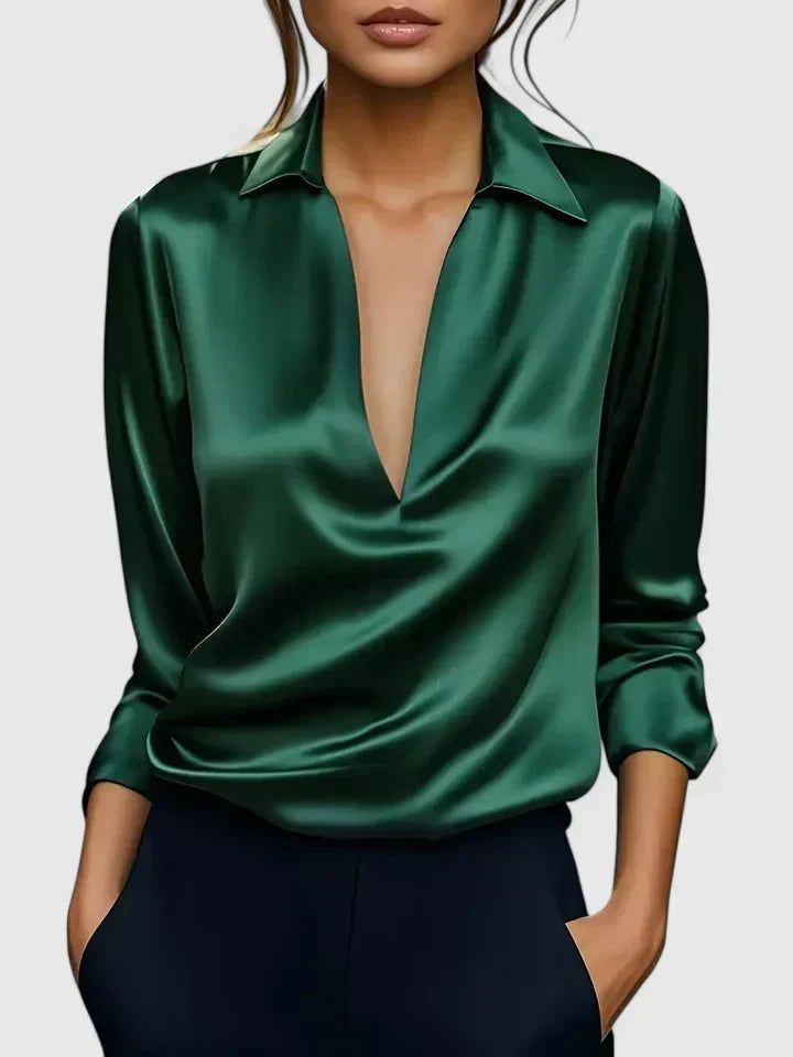 Deep V Collar Draped Satin Long Sleeve Relaxed Fit Blouse