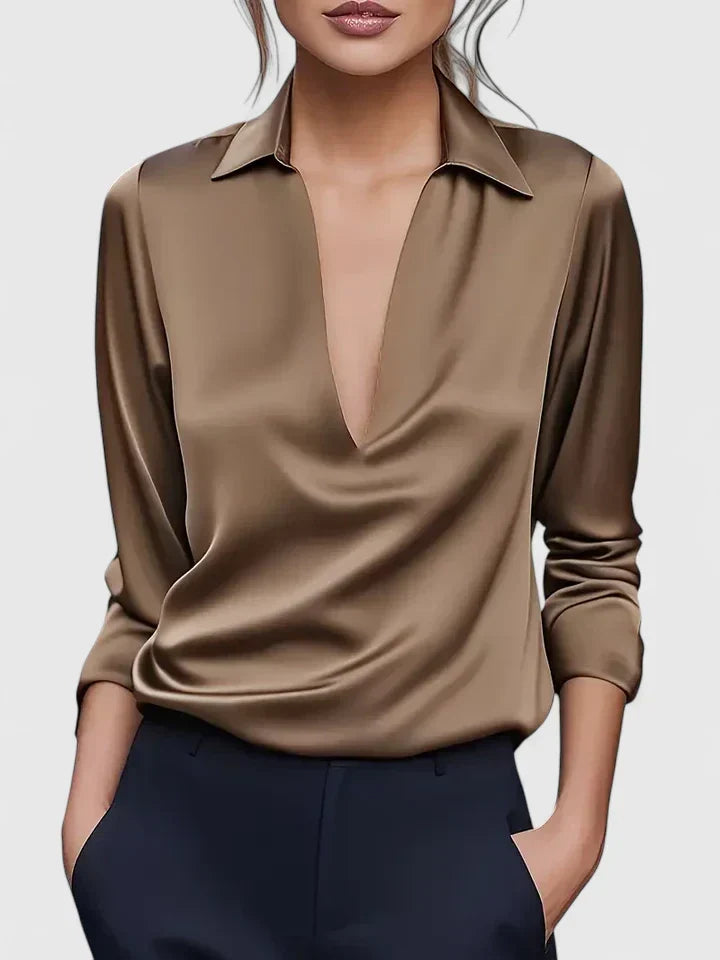 Deep V Collar Draped Satin Long Sleeve Relaxed Fit Blouse