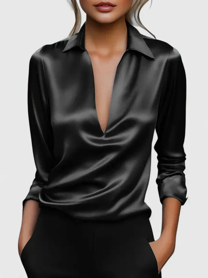 Deep V Collar Draped Satin Long Sleeve Relaxed Fit Blouse