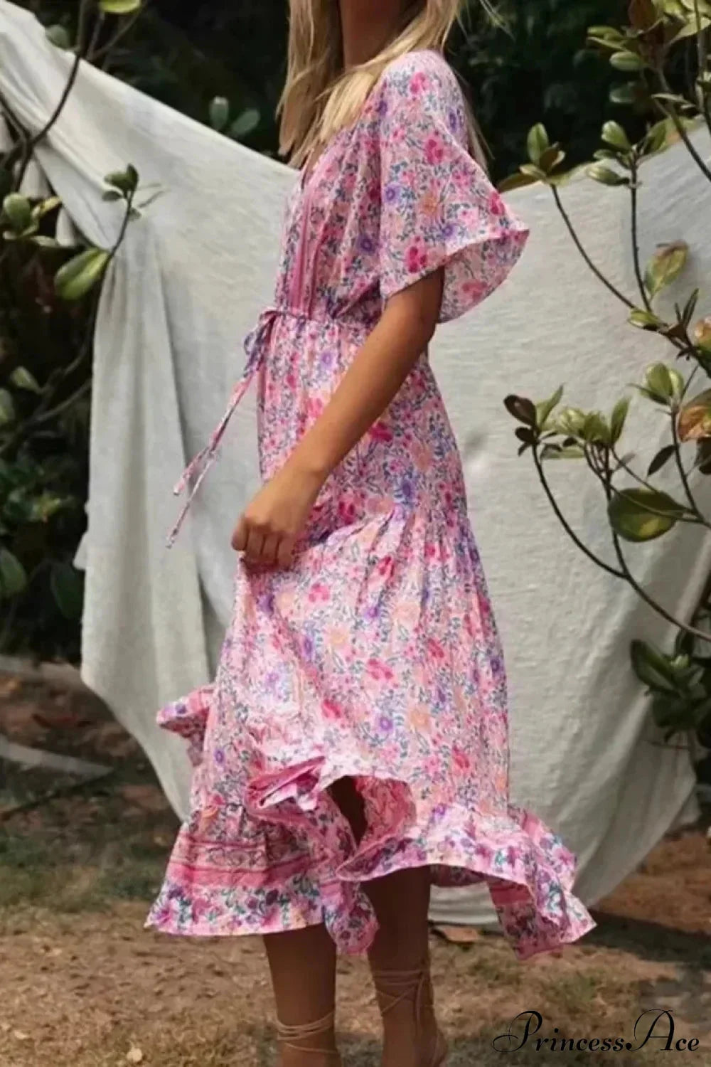 Pink Floral Print V-neck Tassel Rayon Vacation Maxi Boho Dress