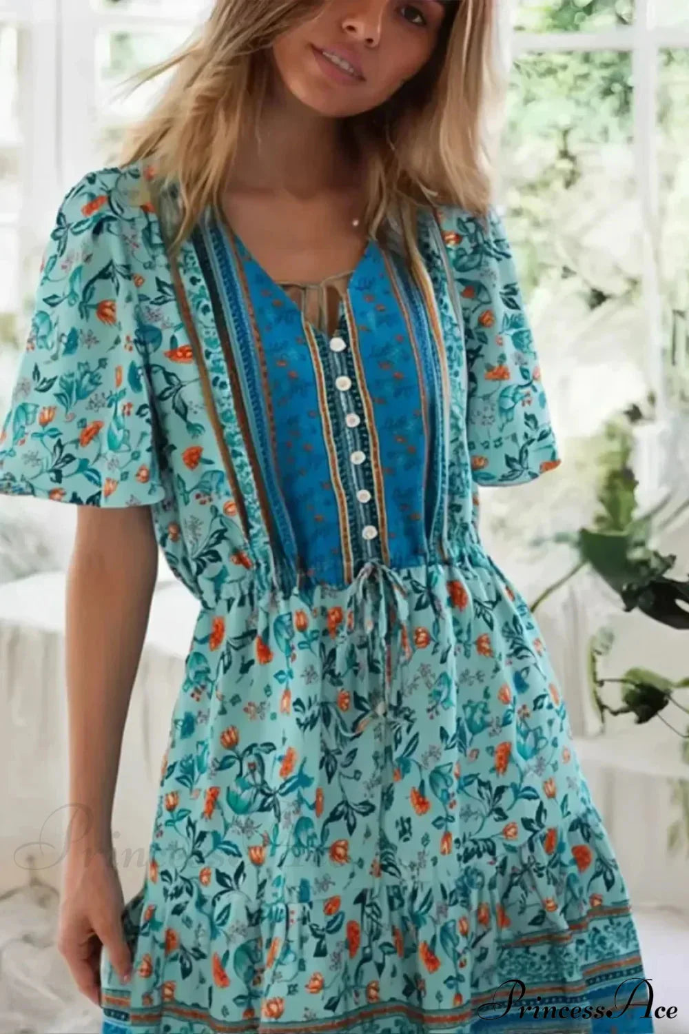 Pink Floral Short Sleeve Loose V-neck Mini Boho Dress