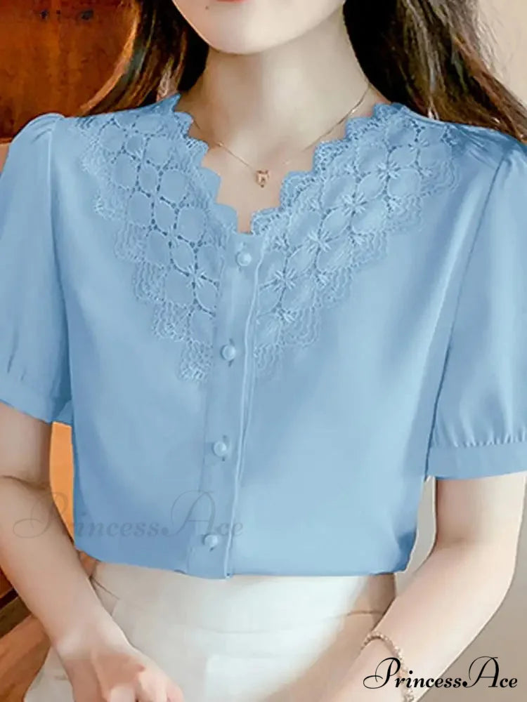 Plain Hue V Neck Short Sleeve Workplace Blouse