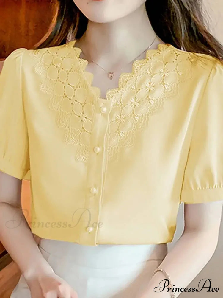 Plain Hue V Neck Short Sleeve Workplace Blouse