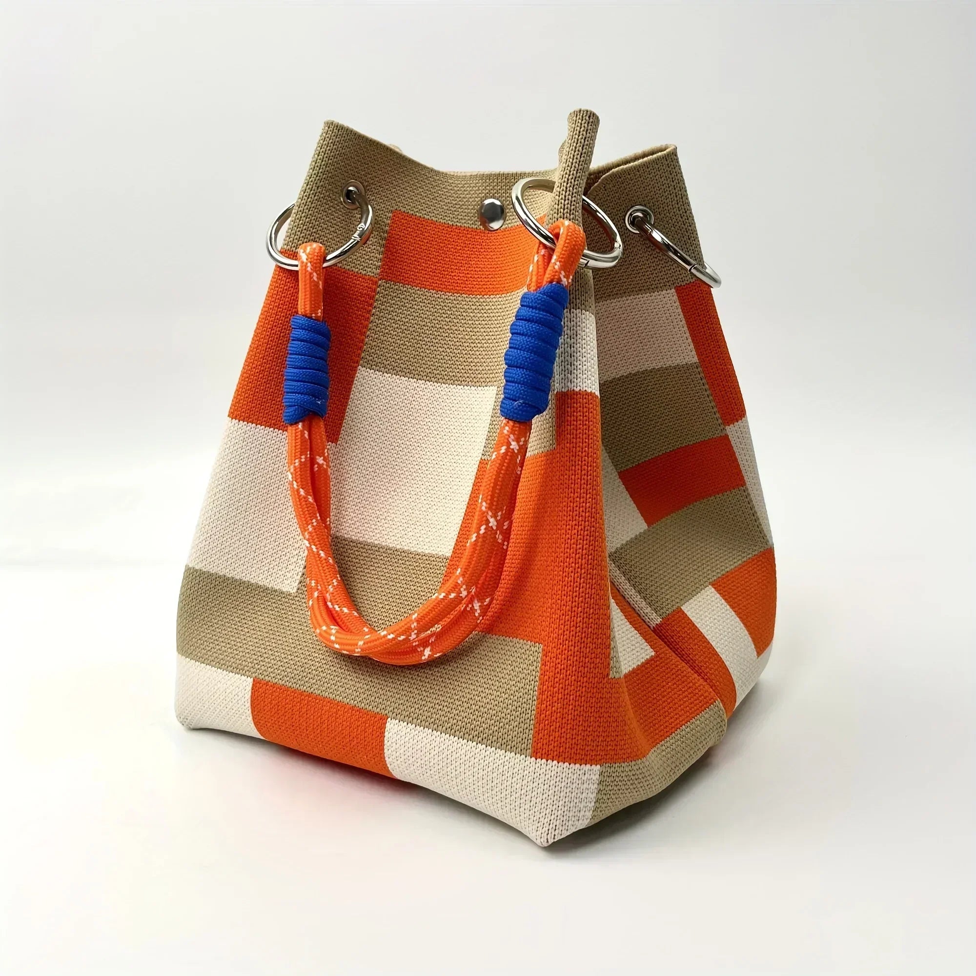 Geometric Block Print Knit Rope Handle Structured Bucket Bag