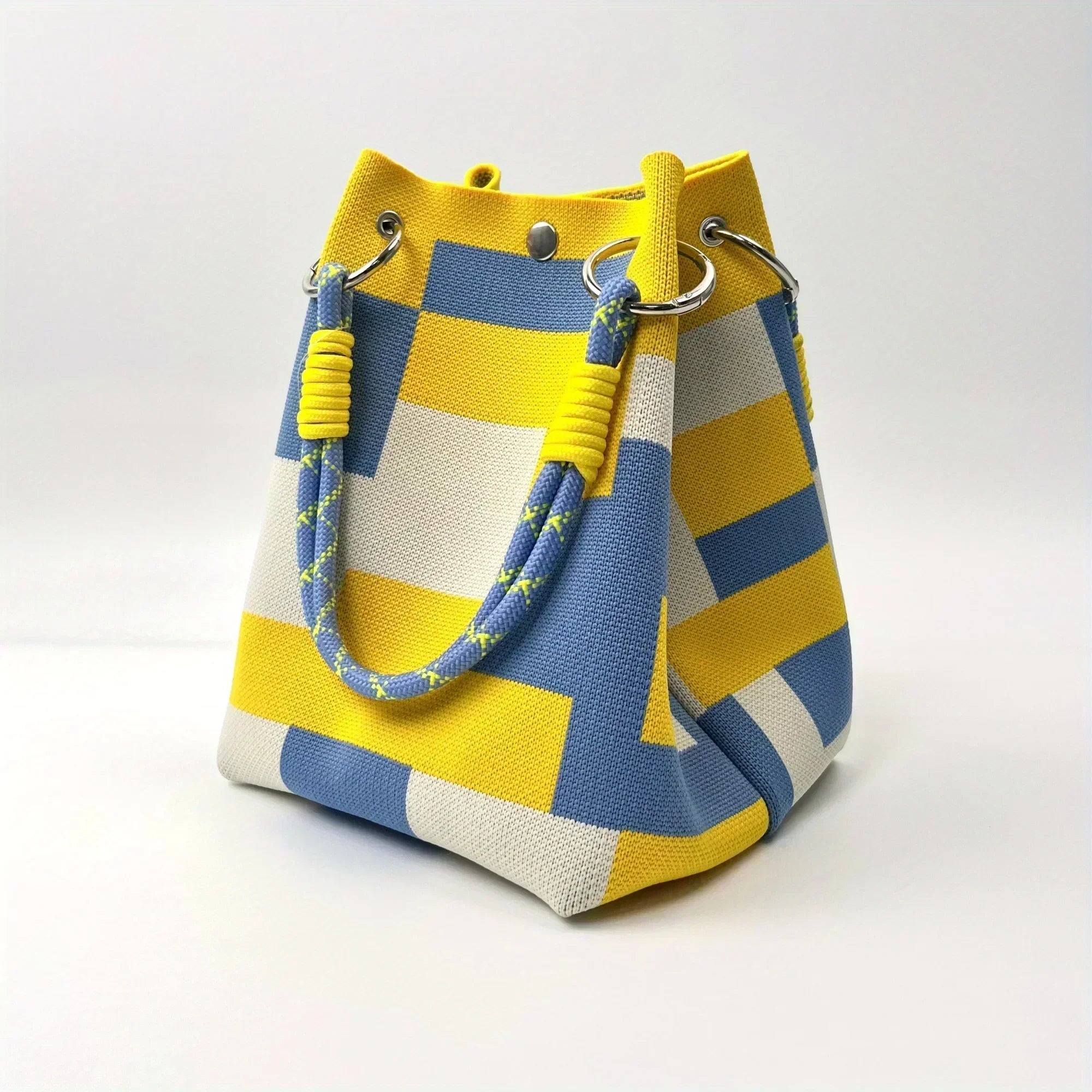 Geometric Block Print Knit Rope Handle Structured Bucket Bag