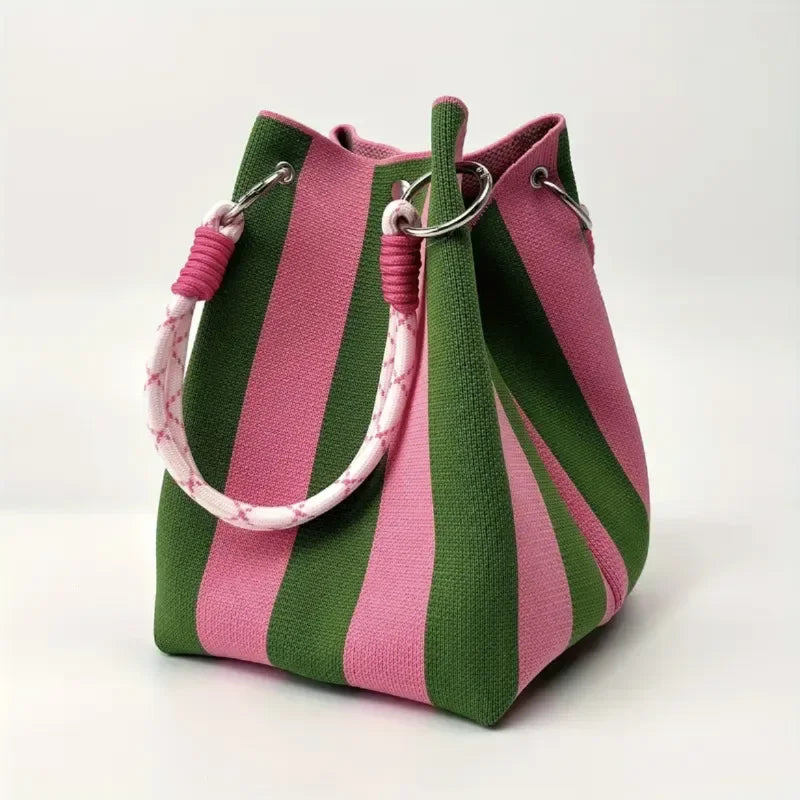 Geometric Block Print Knit Rope Handle Structured Bucket Bag