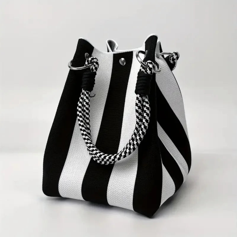 Geometric Block Print Knit Rope Handle Structured Bucket Bag