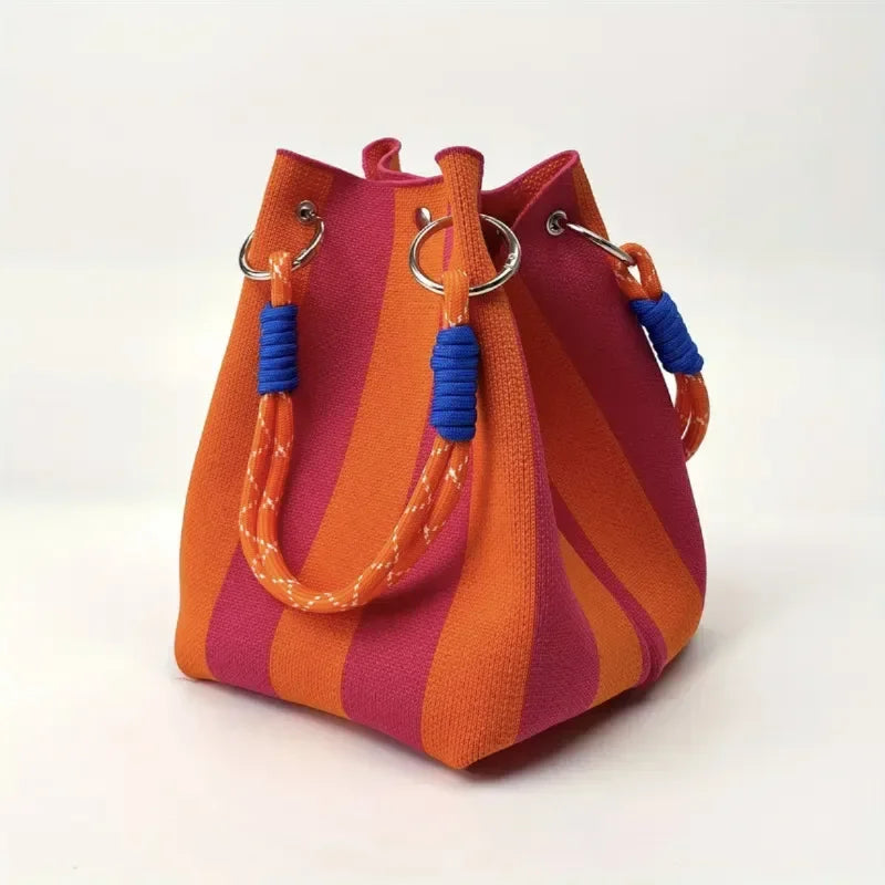 Geometric Block Print Knit Rope Handle Structured Bucket Bag