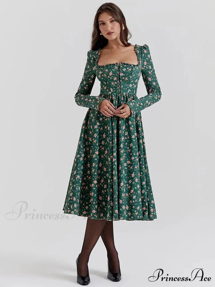 Printed Backless Square Neck Midi Flower Dress