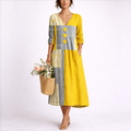 Geometric Patchwork V Neck Oversized Button Detail Casual Maxi Dress