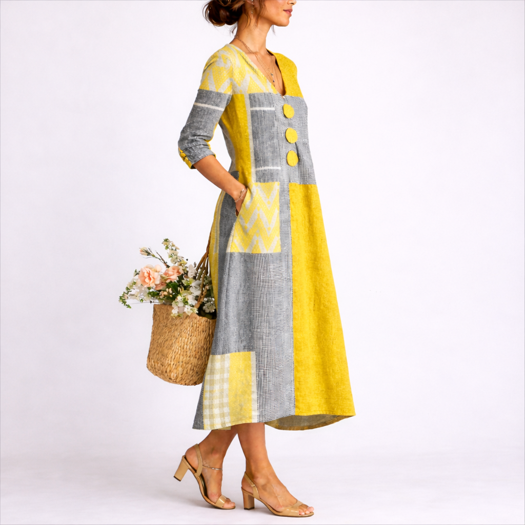 Geometric Patchwork V Neck Oversized Button Detail Casual Maxi Dress