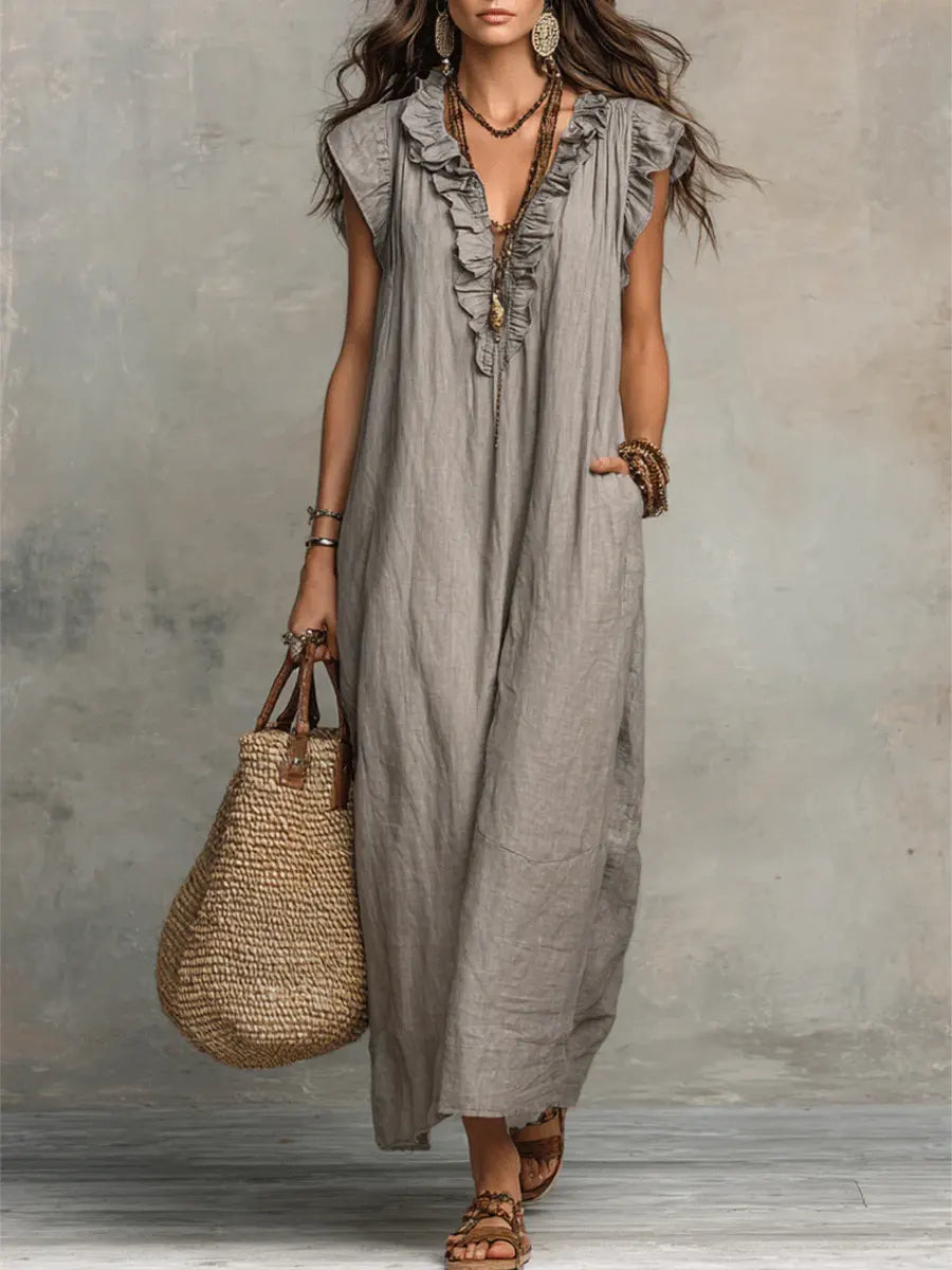 Ruffle V-Neck Flutter Sleeve Pocket Maxi Dress