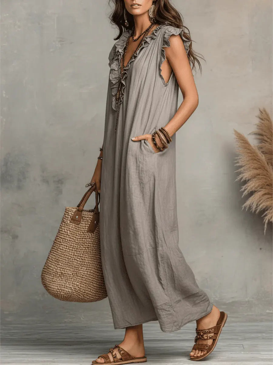 Ruffle V-Neck Flutter Sleeve Pocket Maxi Dress
