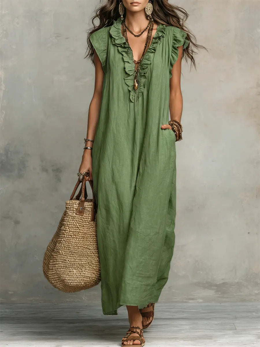 Ruffle V-Neck Flutter Sleeve Pocket Maxi Dress