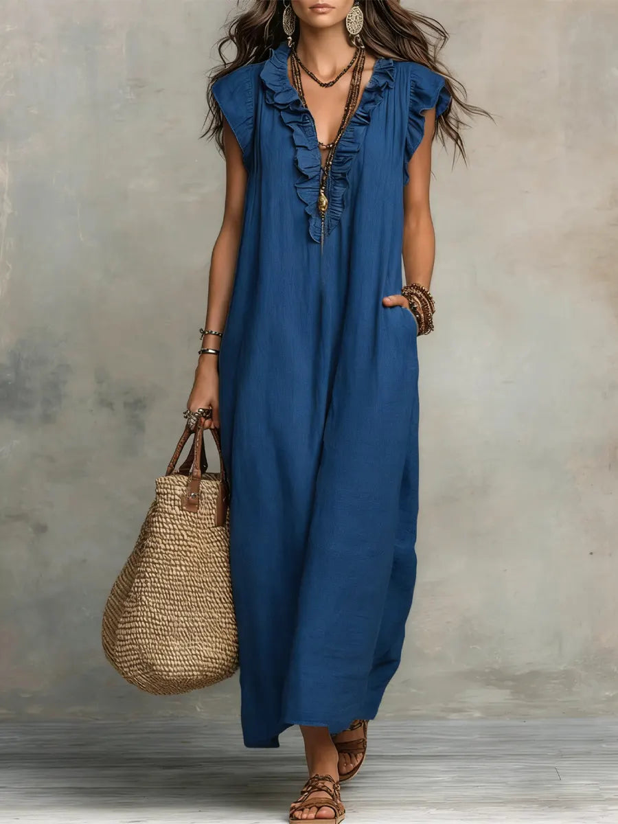 Ruffle V-Neck Flutter Sleeve Pocket Maxi Dress