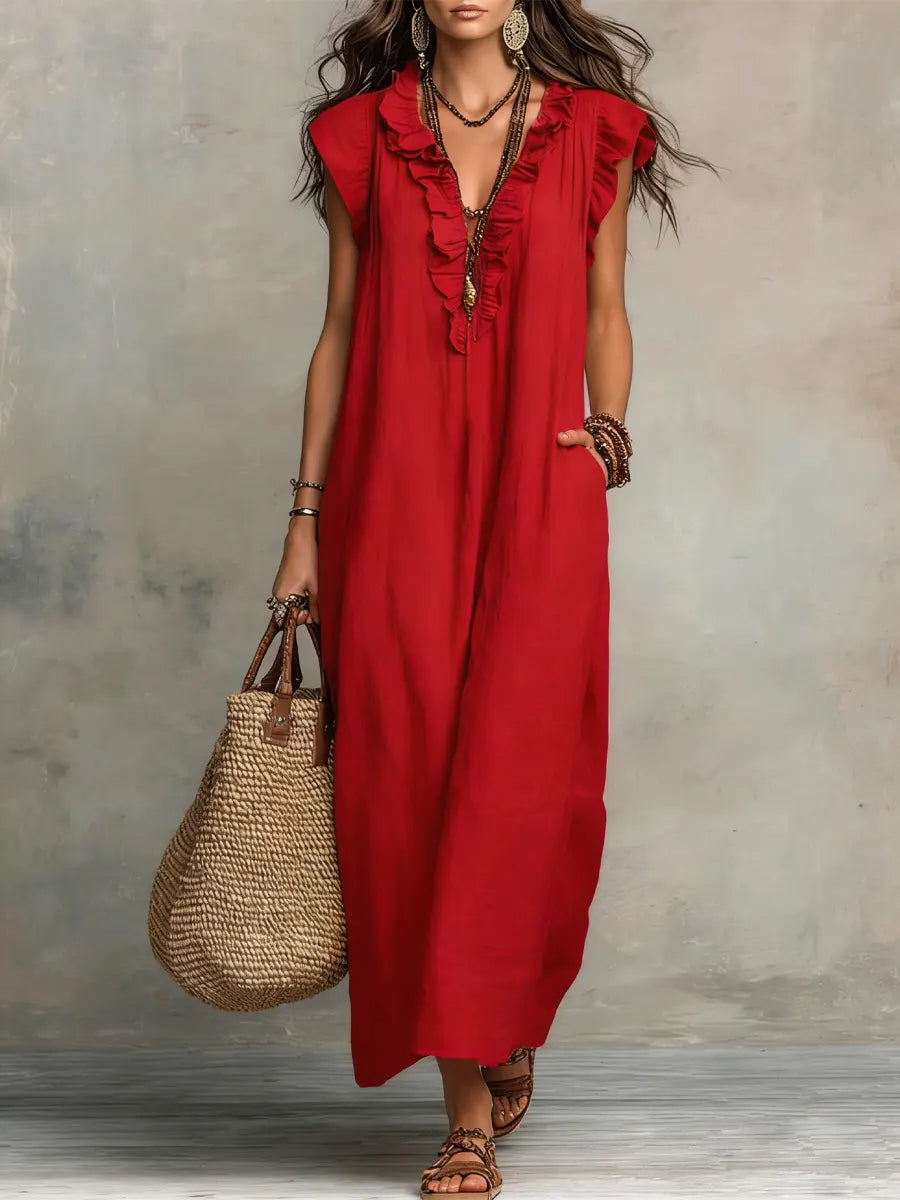 Ruffle V-Neck Flutter Sleeve Pocket Maxi Dress