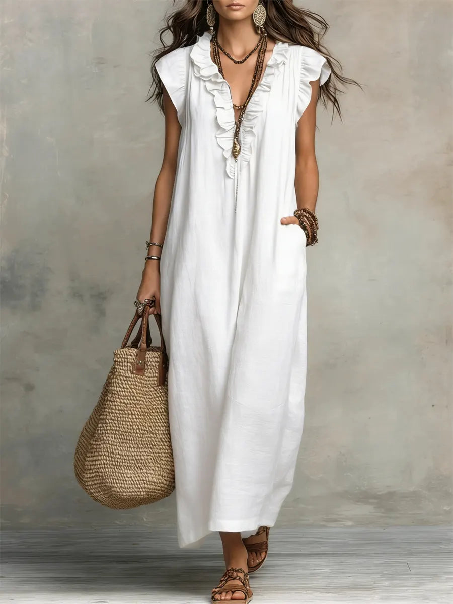 Ruffle V-Neck Flutter Sleeve Pocket Maxi Dress